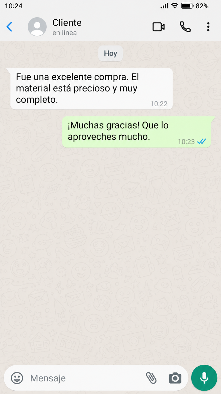 Conversa de WhatsApp con una clienta satisfecha del kit