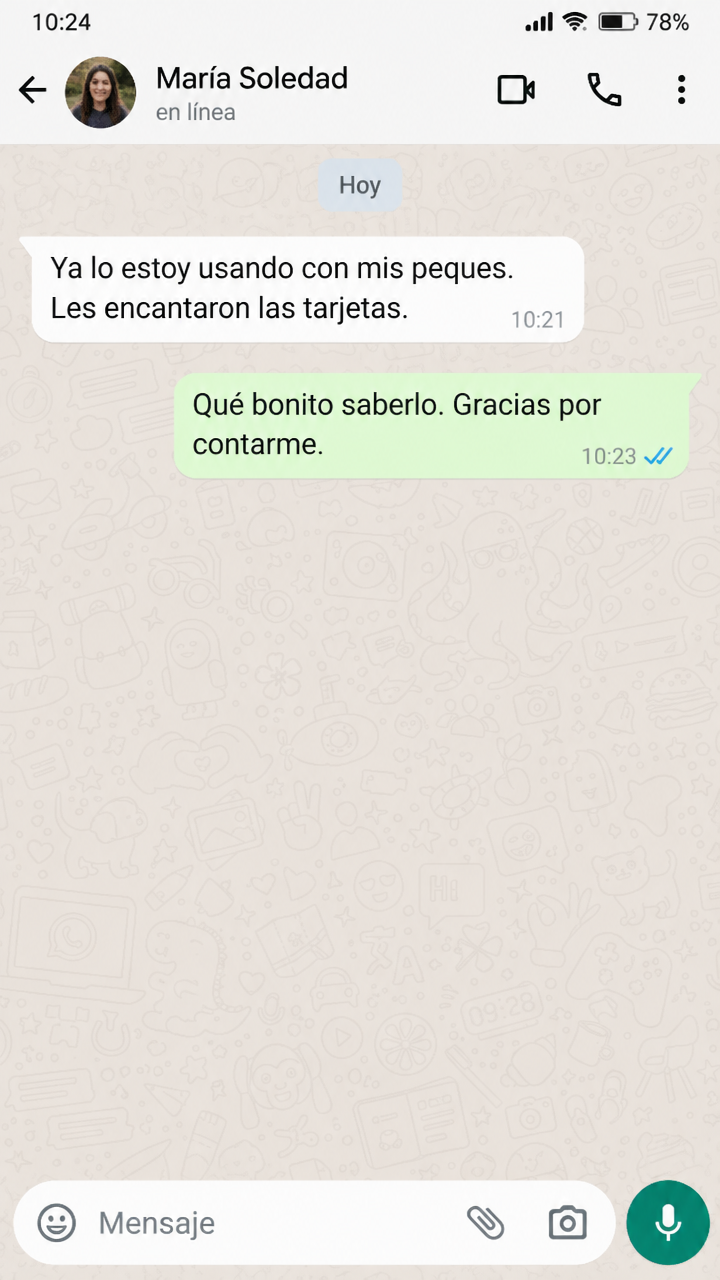 Conversa de WhatsApp con María Soledad mostrando el material impreso