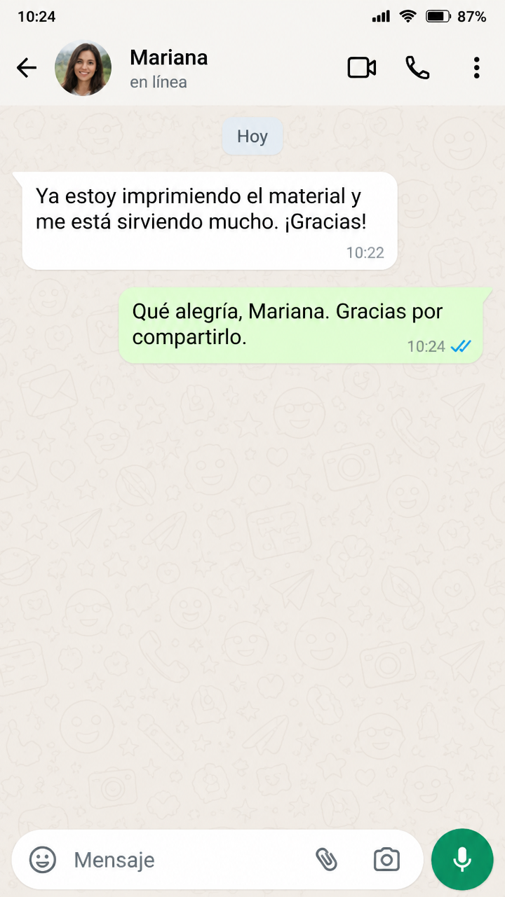 Conversa de WhatsApp con Mariana agradeciendo el material
